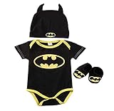 Mugoebu 2021 Baby Boy Kurzarm Batman Einteiliger Hut, Schuhe und Socken Dreiteiliges Baby Cool Batman Stoff-Set 3-teiliges Baby Jumpsuit Set (Schwarz-A, 80(6-12Monate))